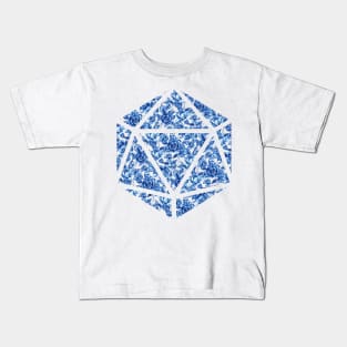 Delft Blue Gradient Rose Vintage Pattern Silhouette D20 - Subtle Dungeons and Dragons Design Kids T-Shirt